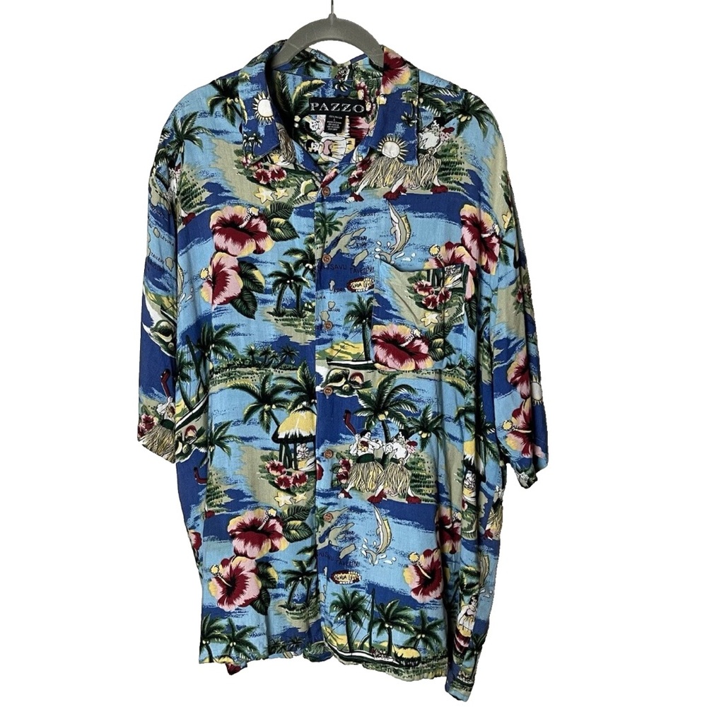 PAZZO Men's Casual Button Up Shirt Size Large Short Sleeves Hawaiian Tropical
